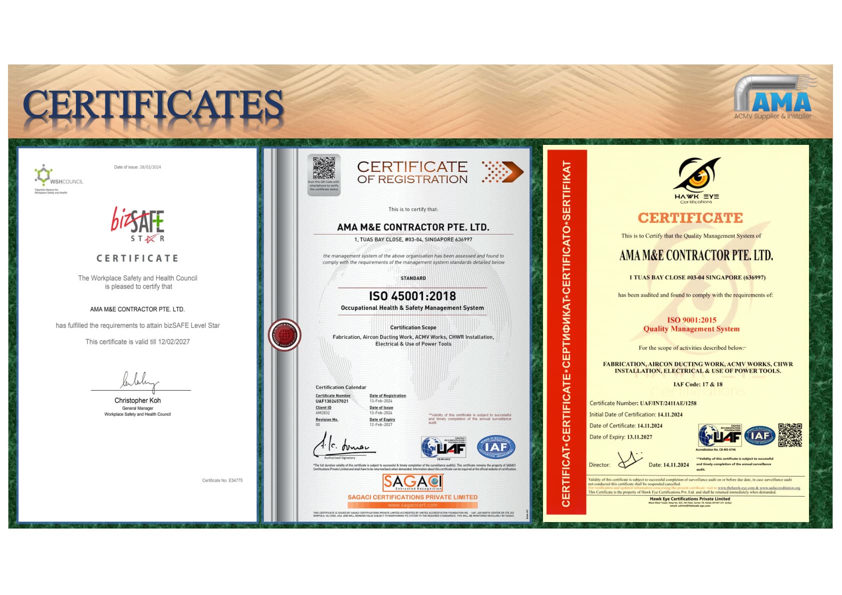 ISO and bizSAFE certifications held by AMA M&E